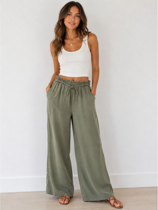 Knox Rose Pants - Knox Rose Olive Green Lyocell Wide Leg Pants XXL Boho Drawstring Pull On Casual